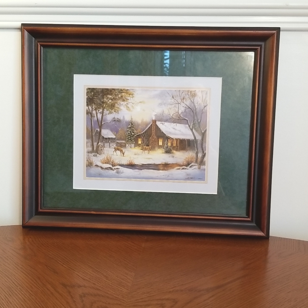 Painting. Winter scene. Cabin. Deer. Pond. Snow.